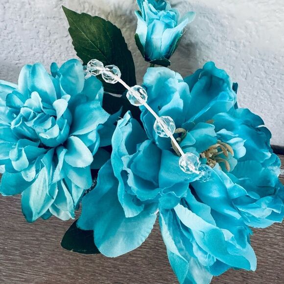 Turquoise Blue Floral Peony White Lace Vase Arrangement - Picture 3 of 4